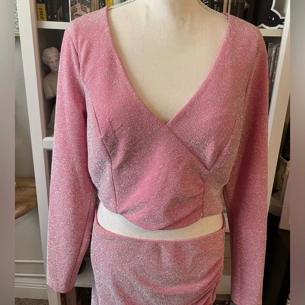 Crystal Doll Sparkly Pink 2-Piece Dress Set Mini Skirt & Long Sleeve Crop Top XL - Picture 13 of 16